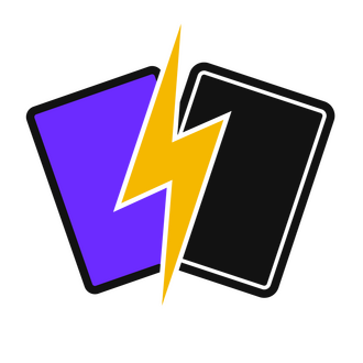 Double Take Breaks Logo consisting of a yellow lightning bolt between a purple revealed card and a black cover card.